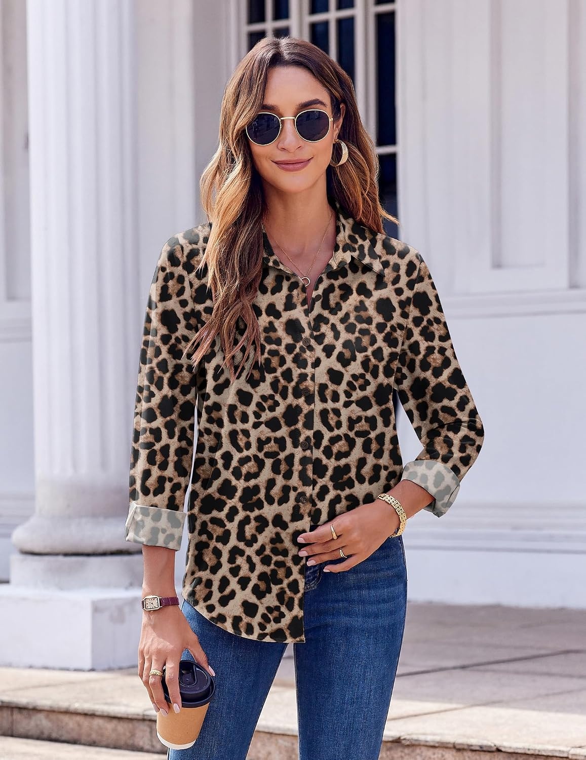 image:imageZeagoo Button Down Shirts for Women Dressy Printed Long Sleeve BlouseLeopard