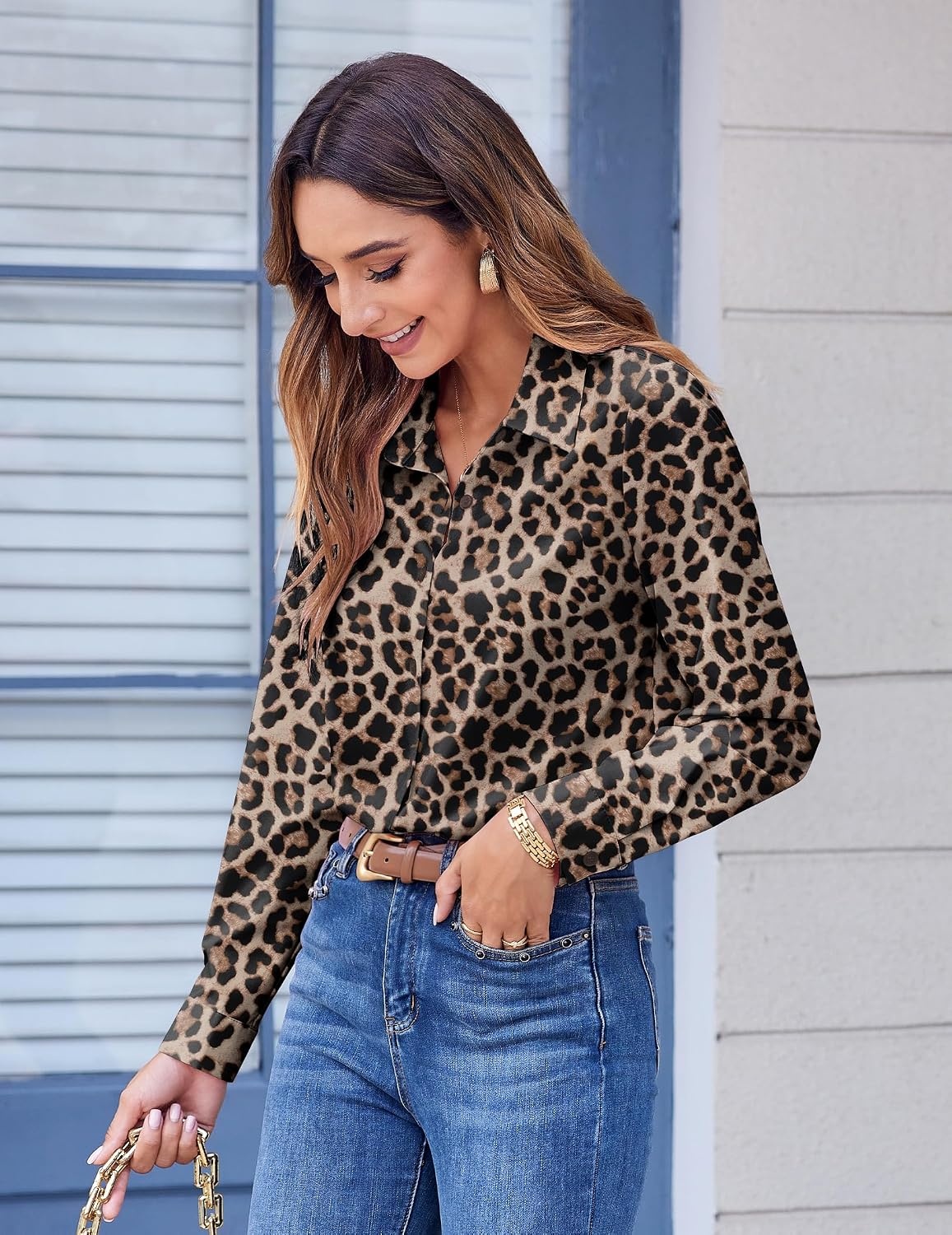 image:imageZeagoo Button Down Shirts for Women Dressy Printed Long Sleeve BlouseLeopard