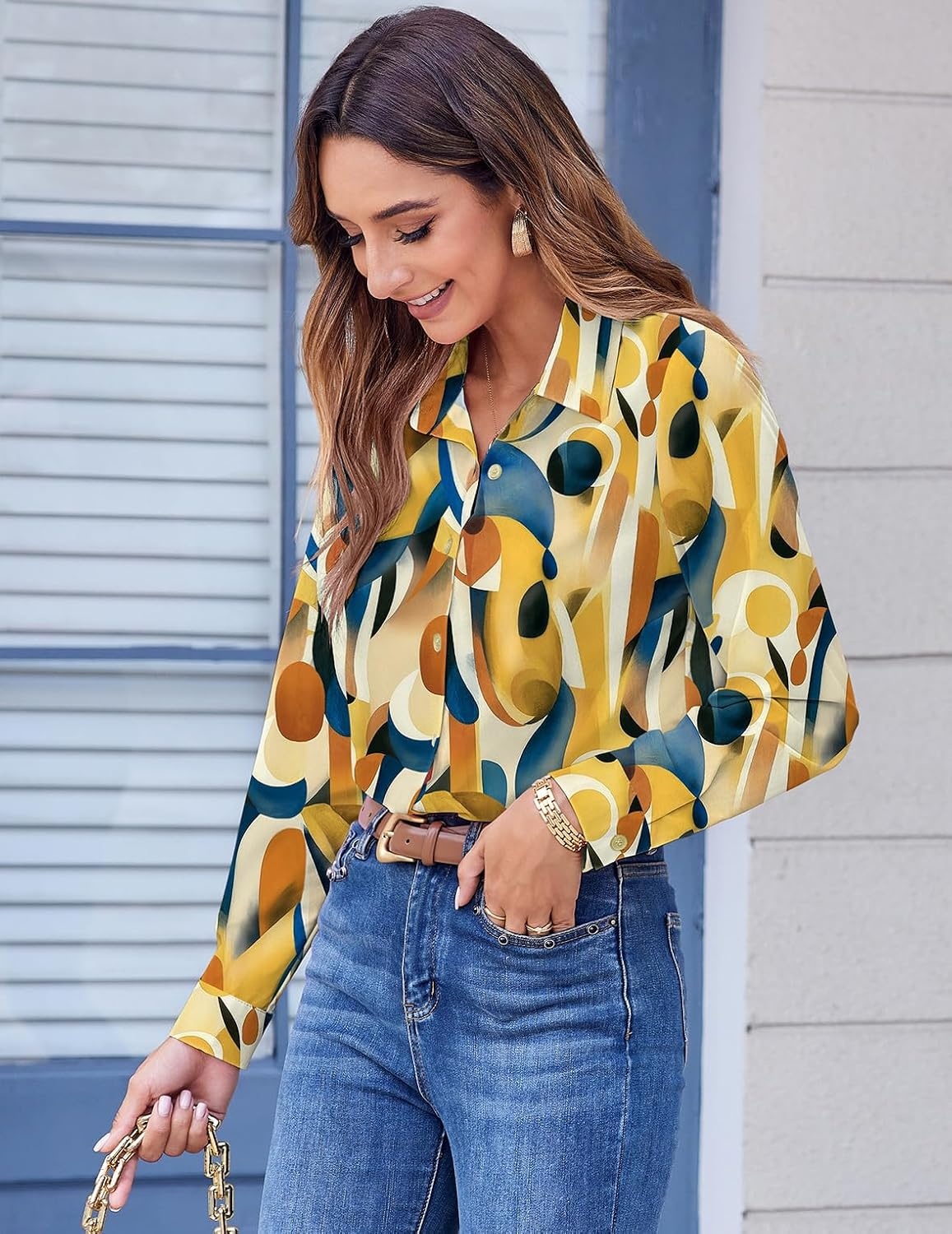 image:imageZeagoo Button Down Shirts for Women Dressy Printed Long Sleeve BlouseMulticolor 579