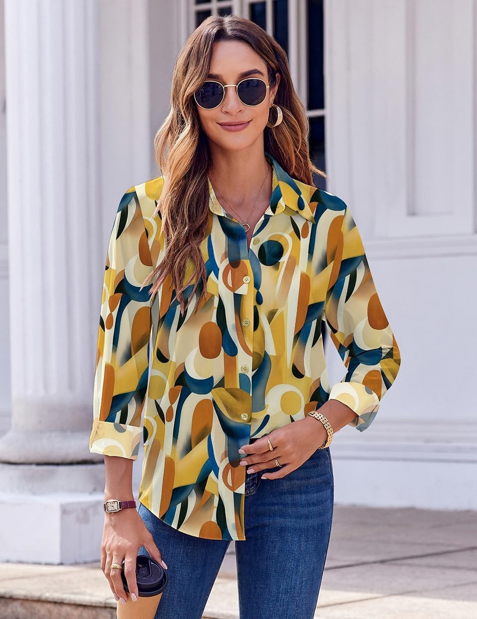 image:imageZeagoo Button Down Shirts for Women Dressy Printed Long Sleeve BlouseMulticolor 579
