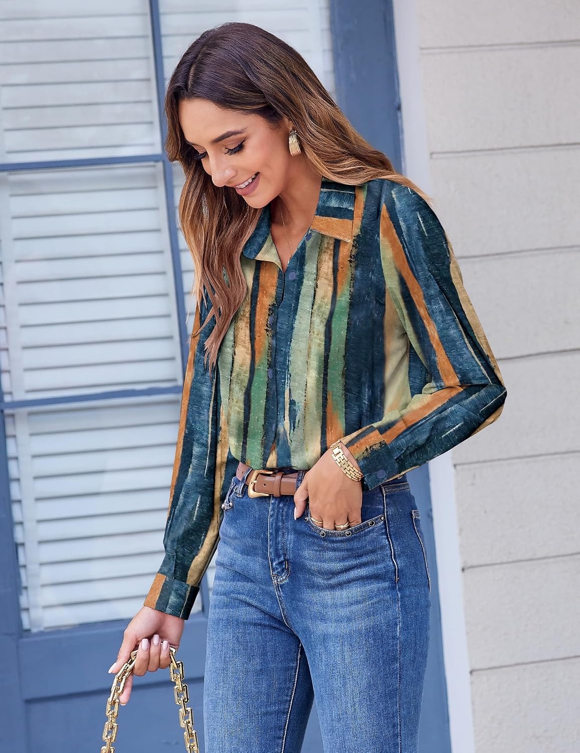 image:imageZeagoo Button Down Shirts for Women Dressy Printed Long Sleeve BlouseMulticolor Stripe