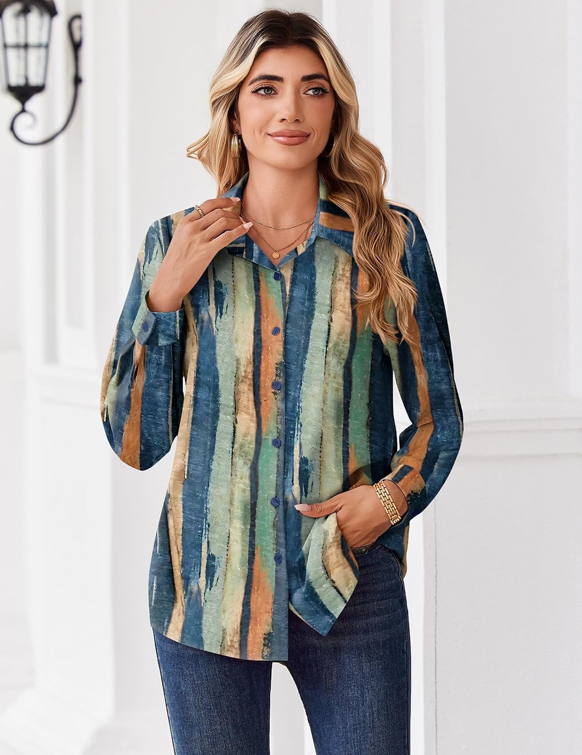 image:imageZeagoo Button Down Shirts for Women Dressy Printed Long Sleeve BlouseMulticolor Stripe