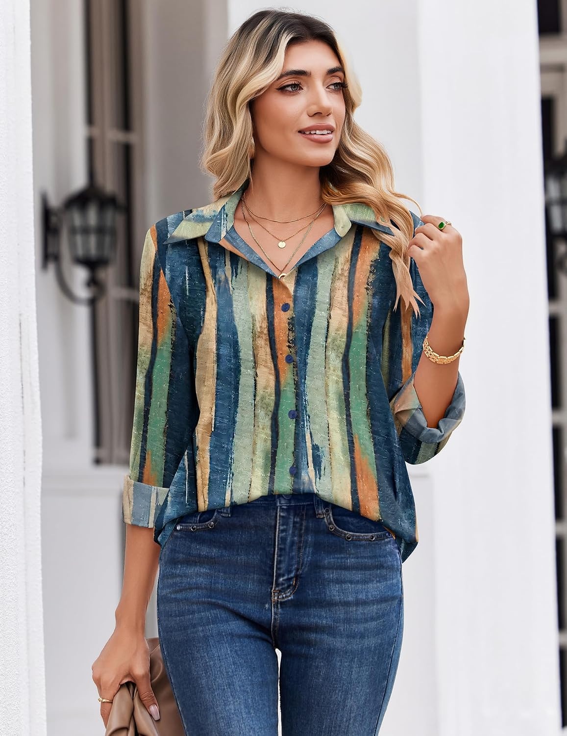 image:imageZeagoo Button Down Shirts for Women Dressy Printed Long Sleeve BlouseMulticolor Stripe
