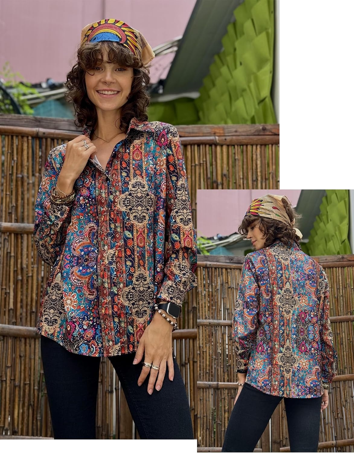 image:imageZeagoo Button Down Shirts for Women Dressy Printed Long Sleeve BlouseMz721