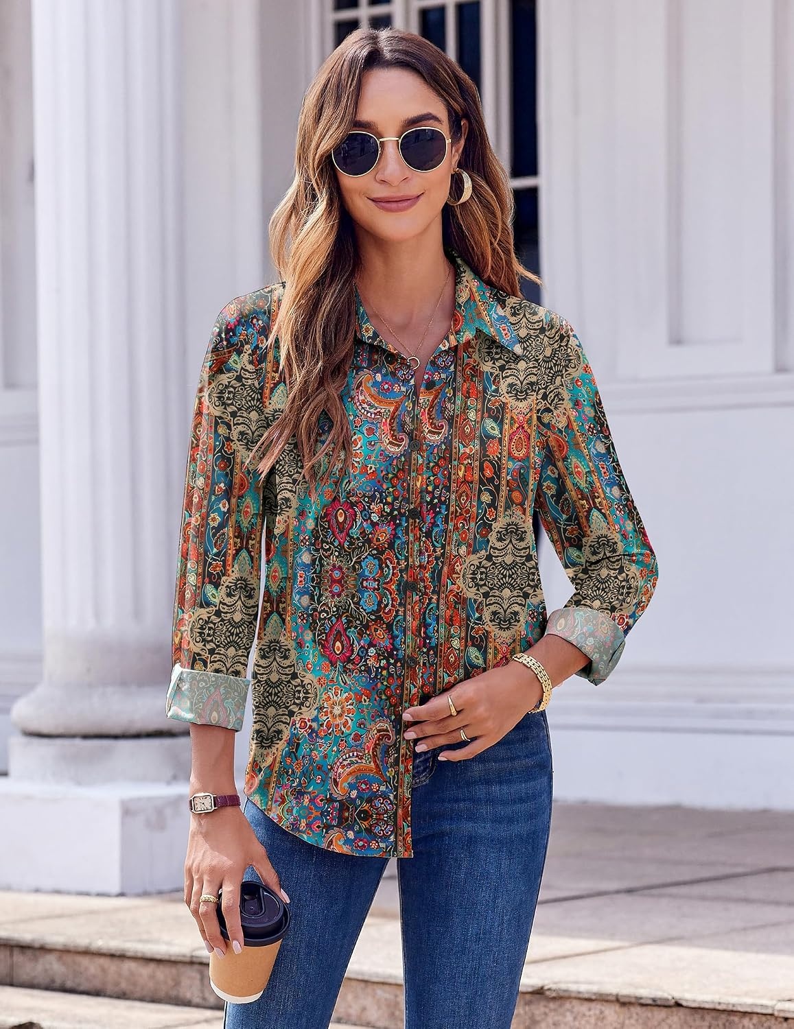 image:imageZeagoo Button Down Shirts for Women Dressy Printed Long Sleeve BlouseMz721