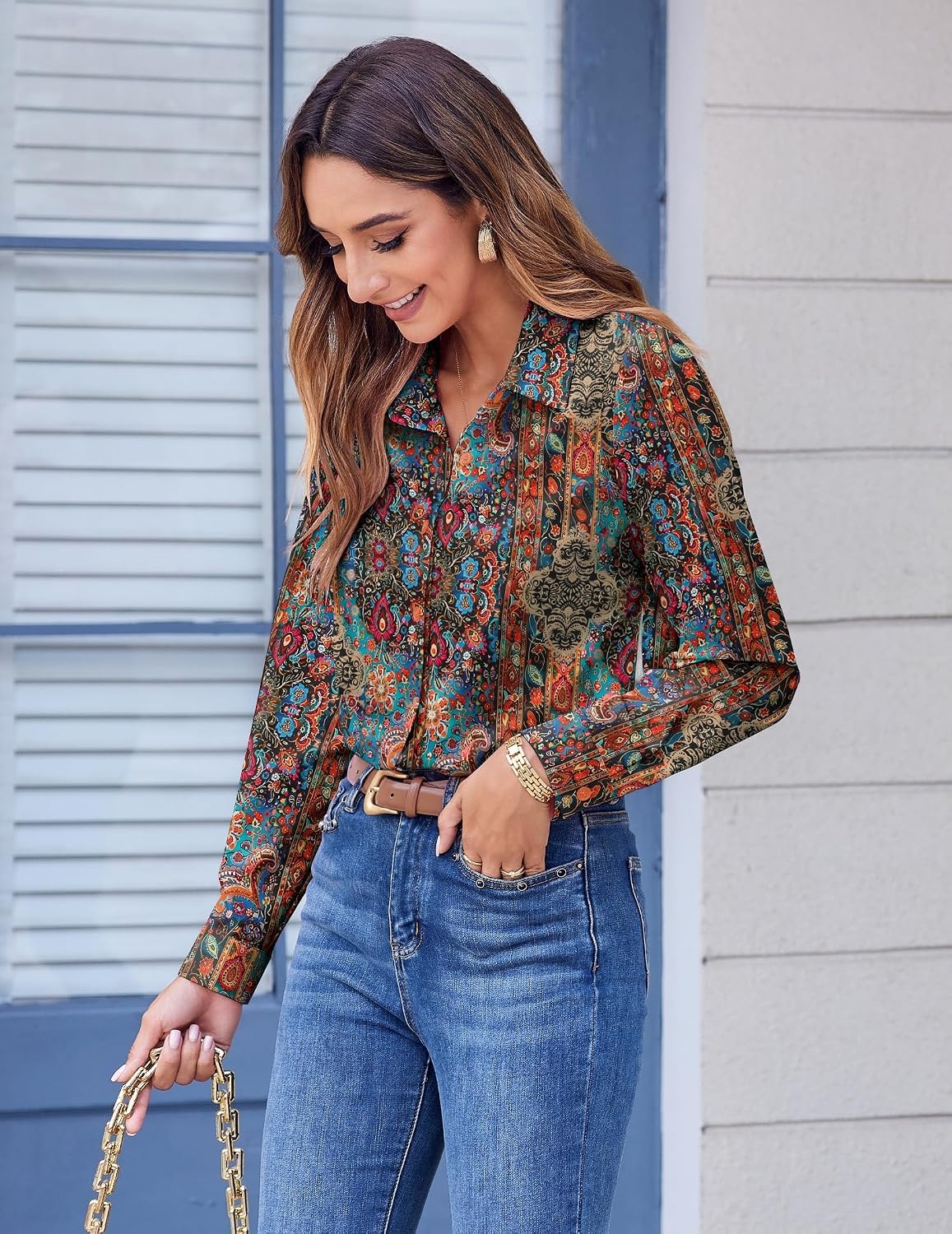 image:imageZeagoo Button Down Shirts for Women Dressy Printed Long Sleeve BlouseMz721