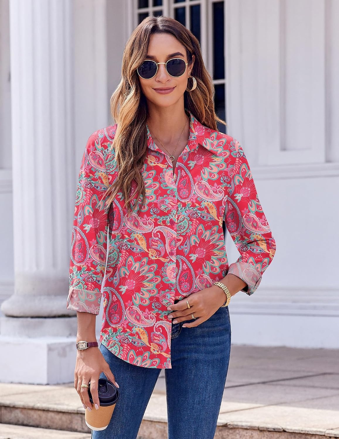 image:imageZeagoo Button Down Shirts for Women Dressy Printed Long Sleeve BlouseMz750