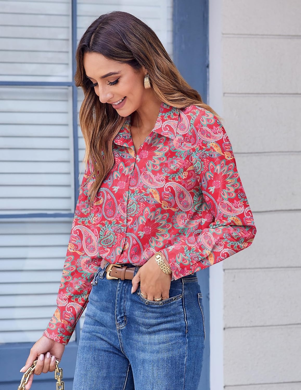 image:imageZeagoo Button Down Shirts for Women Dressy Printed Long Sleeve BlouseMz750