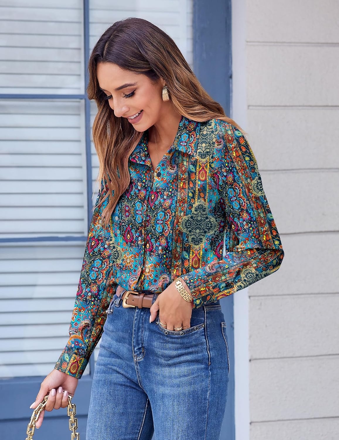 image:imageZeagoo Button Down Shirts for Women Dressy Printed Long Sleeve BlouseMz779