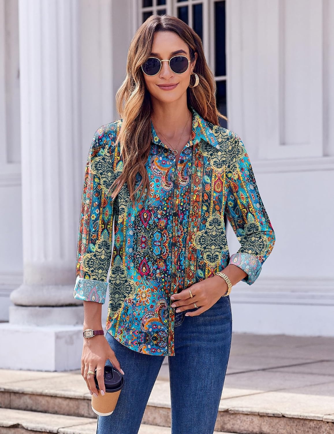 image:imageZeagoo Button Down Shirts for Women Dressy Printed Long Sleeve BlouseMz779
