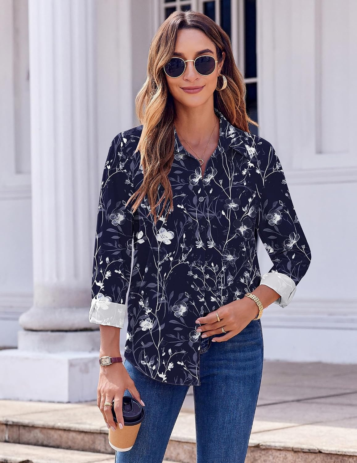 image:imageZeagoo Button Down Shirts for Women Dressy Printed Long Sleeve BlouseNavy White Floral