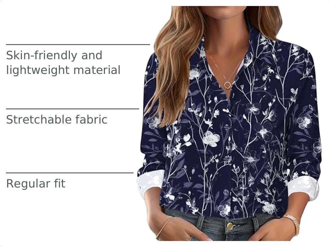 image:imageZeagoo Button Down Shirts for Women Dressy Printed Long Sleeve BlouseNavy White Floral