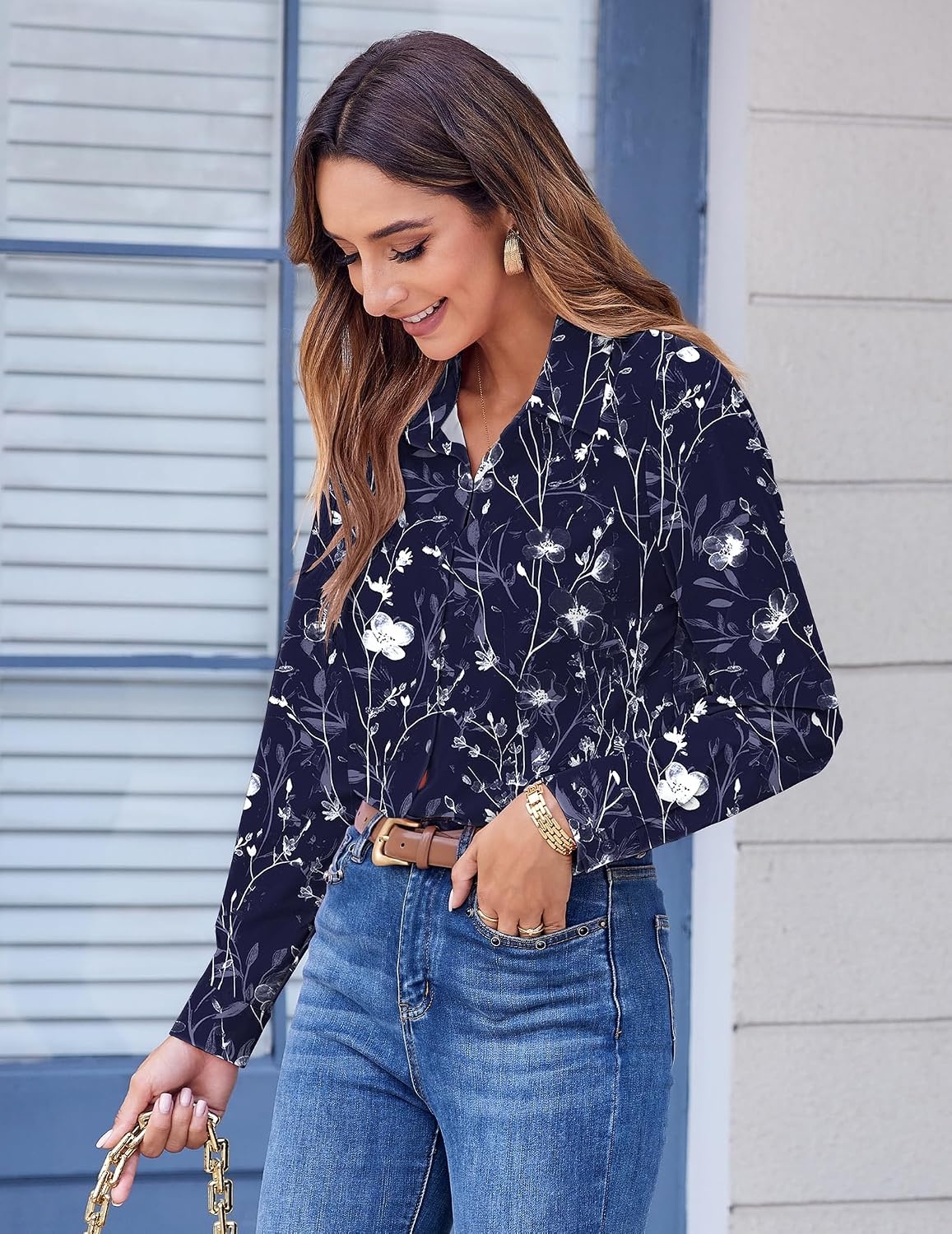 image:imageZeagoo Button Down Shirts for Women Dressy Printed Long Sleeve BlouseNavy White Floral