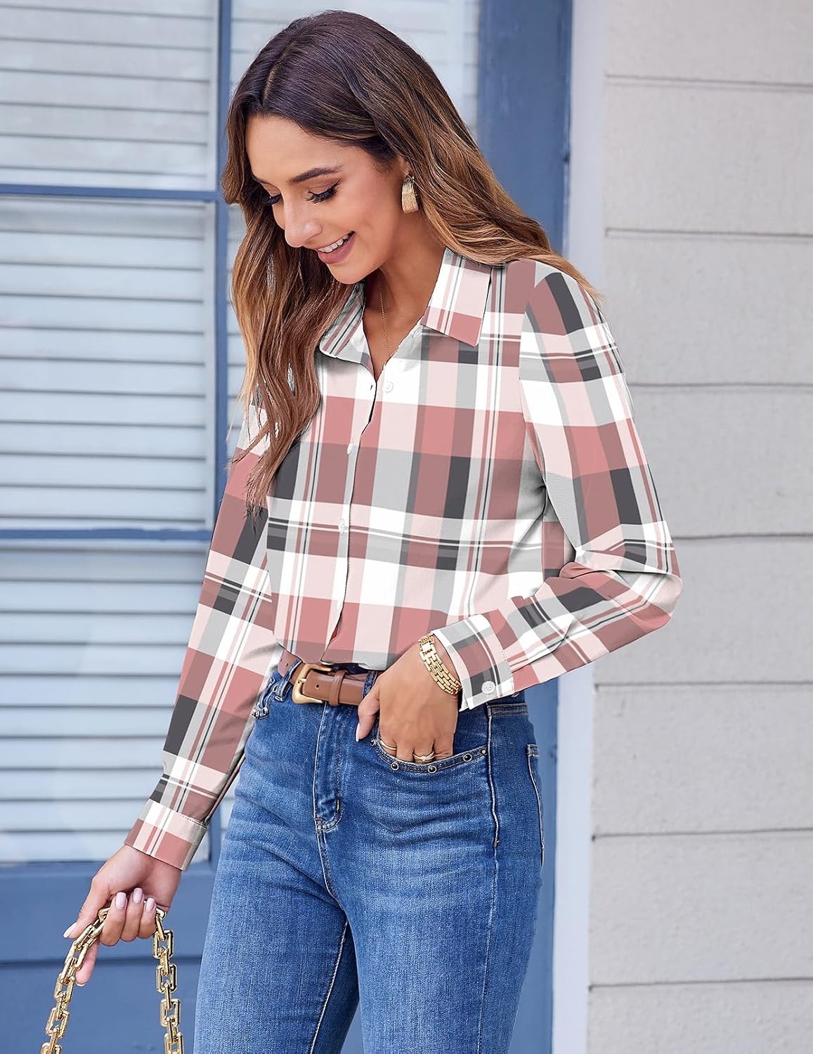 image:imageZeagoo Button Down Shirts for Women Dressy Printed Long Sleeve BlousePink Plaid