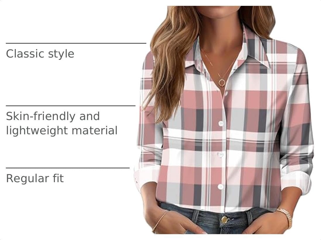 image:imageZeagoo Button Down Shirts for Women Dressy Printed Long Sleeve BlousePink Plaid