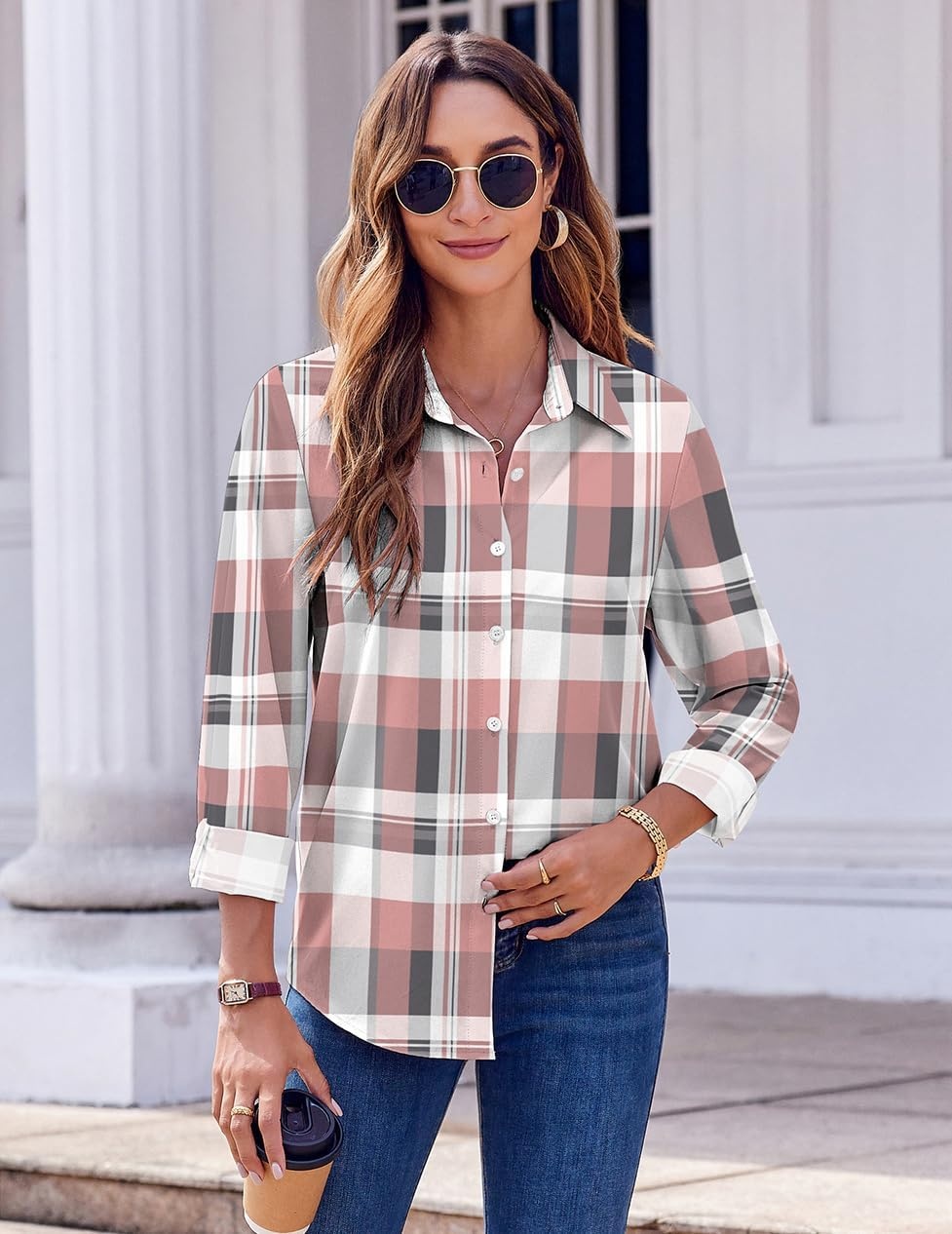 image:imageZeagoo Button Down Shirts for Women Dressy Printed Long Sleeve BlousePink Plaid