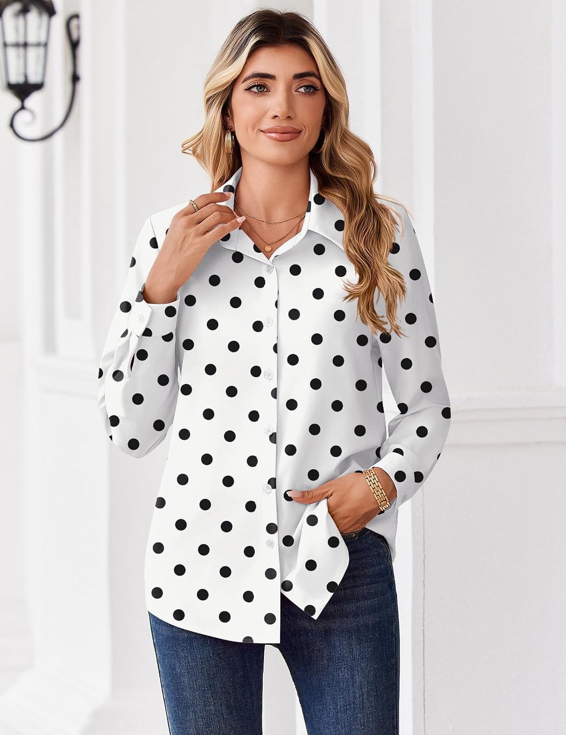 image:imageZeagoo Button Down Shirts for Women Dressy Printed Long Sleeve BlousePolka Dots White 592