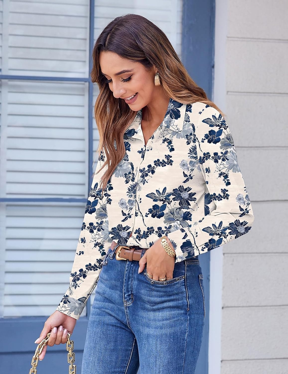 image:imageZeagoo Button Down Shirts for Women Dressy Printed Long Sleeve BlouseSf198