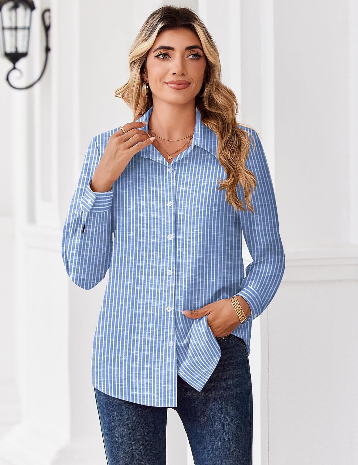 image:imageZeagoo Button Down Shirts for Women Dressy Printed Long Sleeve BlouseStripe Blue 273