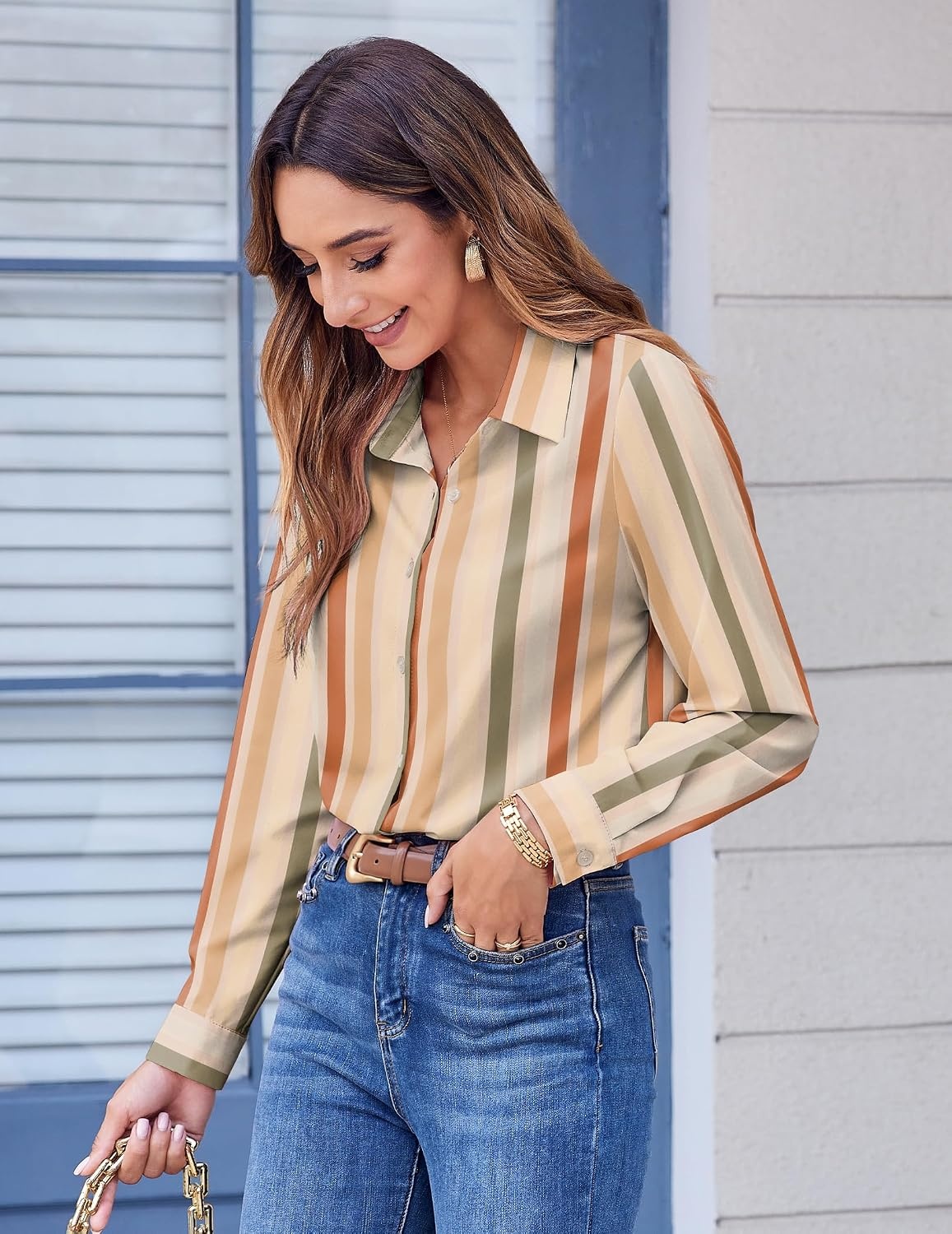 image:imageZeagoo Button Down Shirts for Women Dressy Printed Long Sleeve BlouseStripe Multicolor
