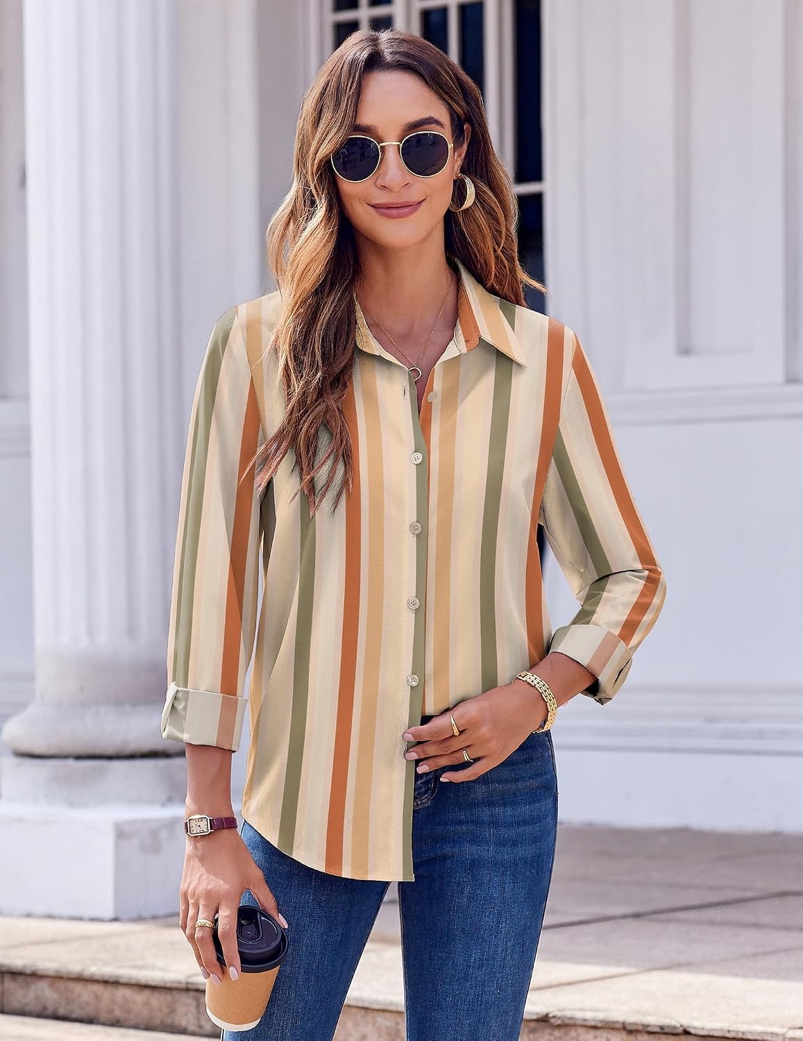 image:imageZeagoo Button Down Shirts for Women Dressy Printed Long Sleeve BlouseStripe Multicolor