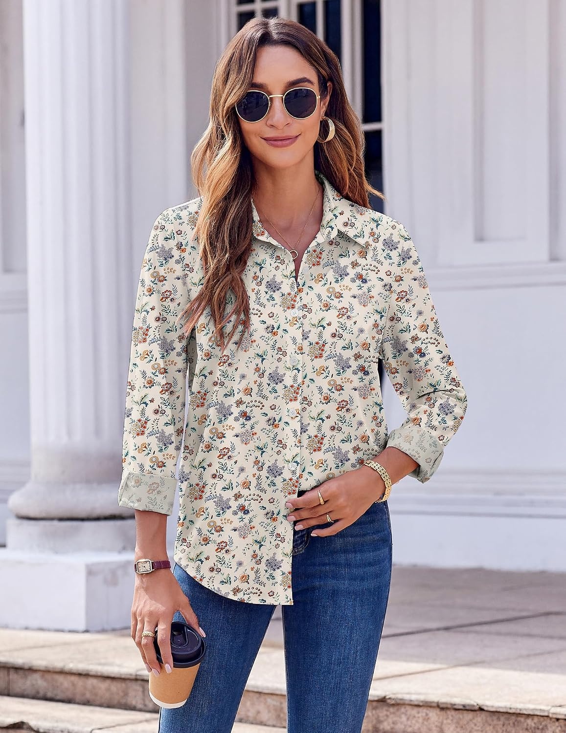 image:imageZeagoo Button Down Shirts for Women Dressy Printed Long Sleeve BlouseXh216