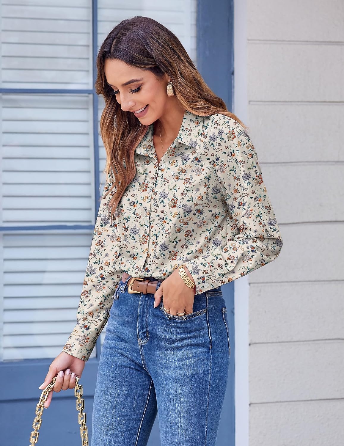 image:imageZeagoo Button Down Shirts for Women Dressy Printed Long Sleeve BlouseXh216