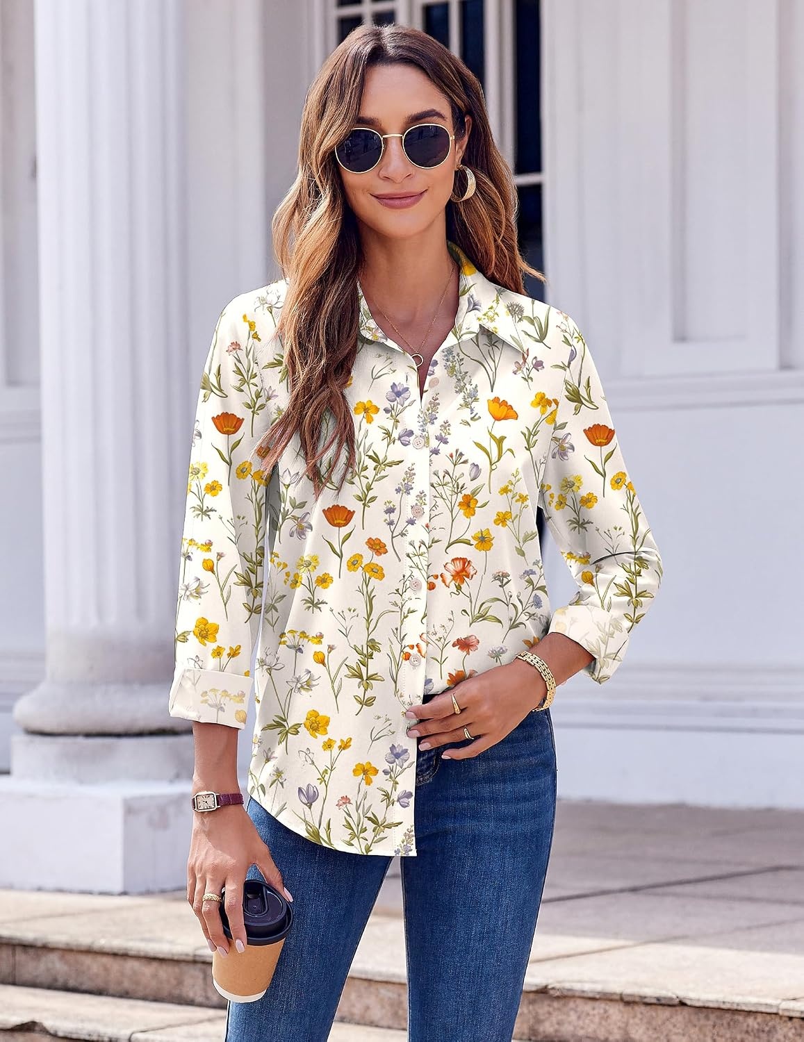 image:imageZeagoo Button Down Shirts for Women Dressy Printed Long Sleeve BlouseXh403