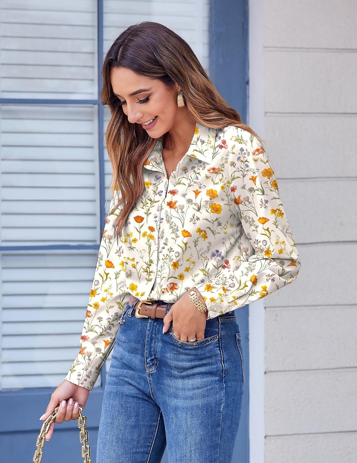 image:imageZeagoo Button Down Shirts for Women Dressy Printed Long Sleeve BlouseXh403