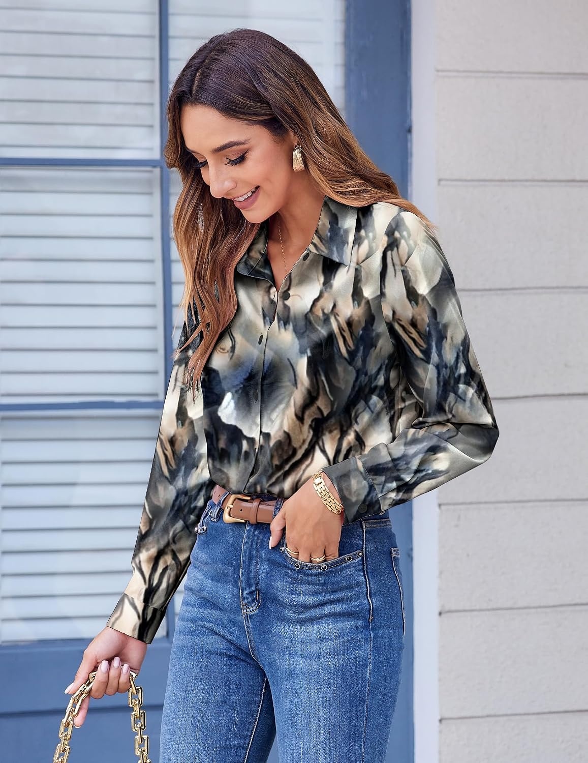 image:imageZeagoo Button Down Shirts for Women Dressy Printed Long Sleeve BlouseZr220
