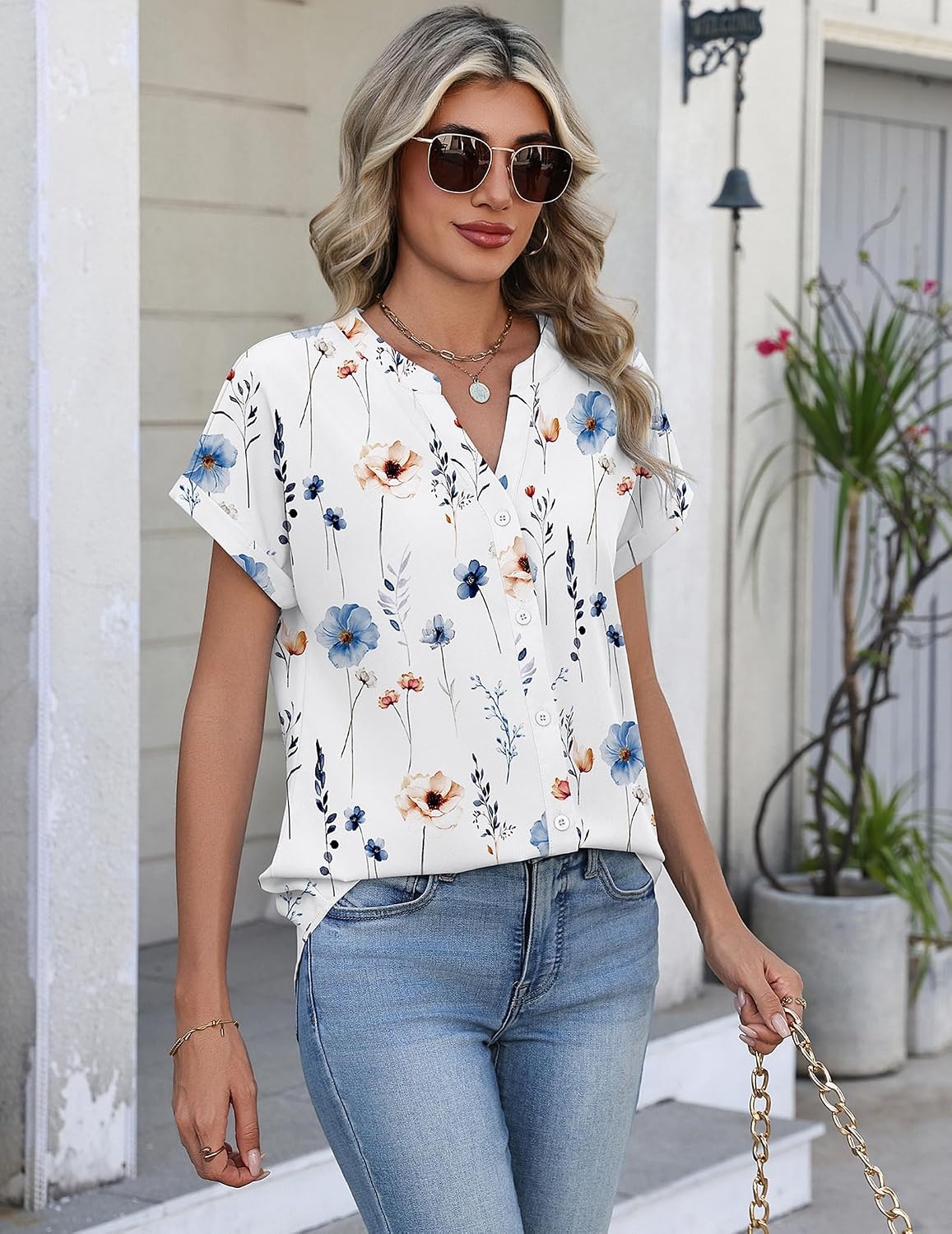 image:imageZeagoo Button Down Shirts for Women Short Sleeve Tops V Neck Collar Blouses Business Casual OutfitsBf290