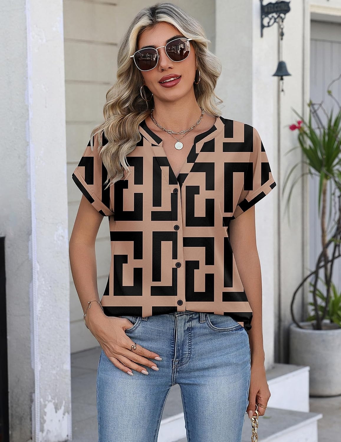 image:imageZeagoo Button Down Shirts for Women Short Sleeve Tops V Neck Collar Blouses Business Casual OutfitsJh308