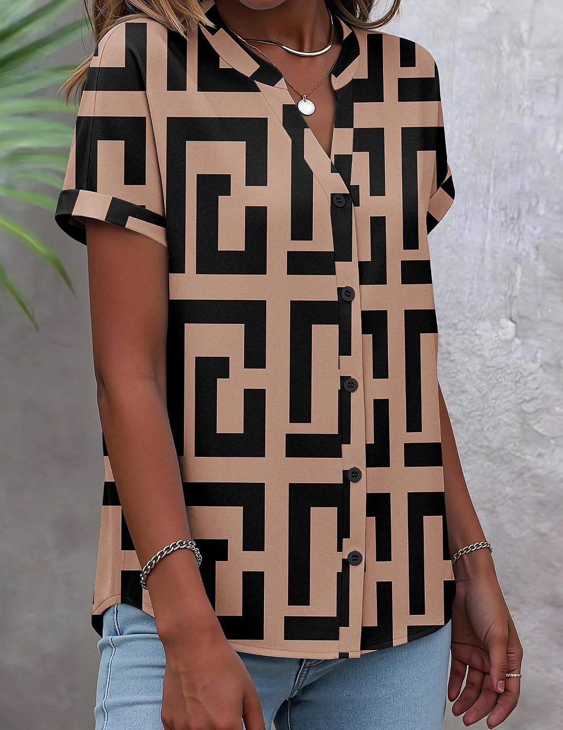 image:imageZeagoo Button Down Shirts for Women Short Sleeve Tops V Neck Collar Blouses Business Casual OutfitsJh308