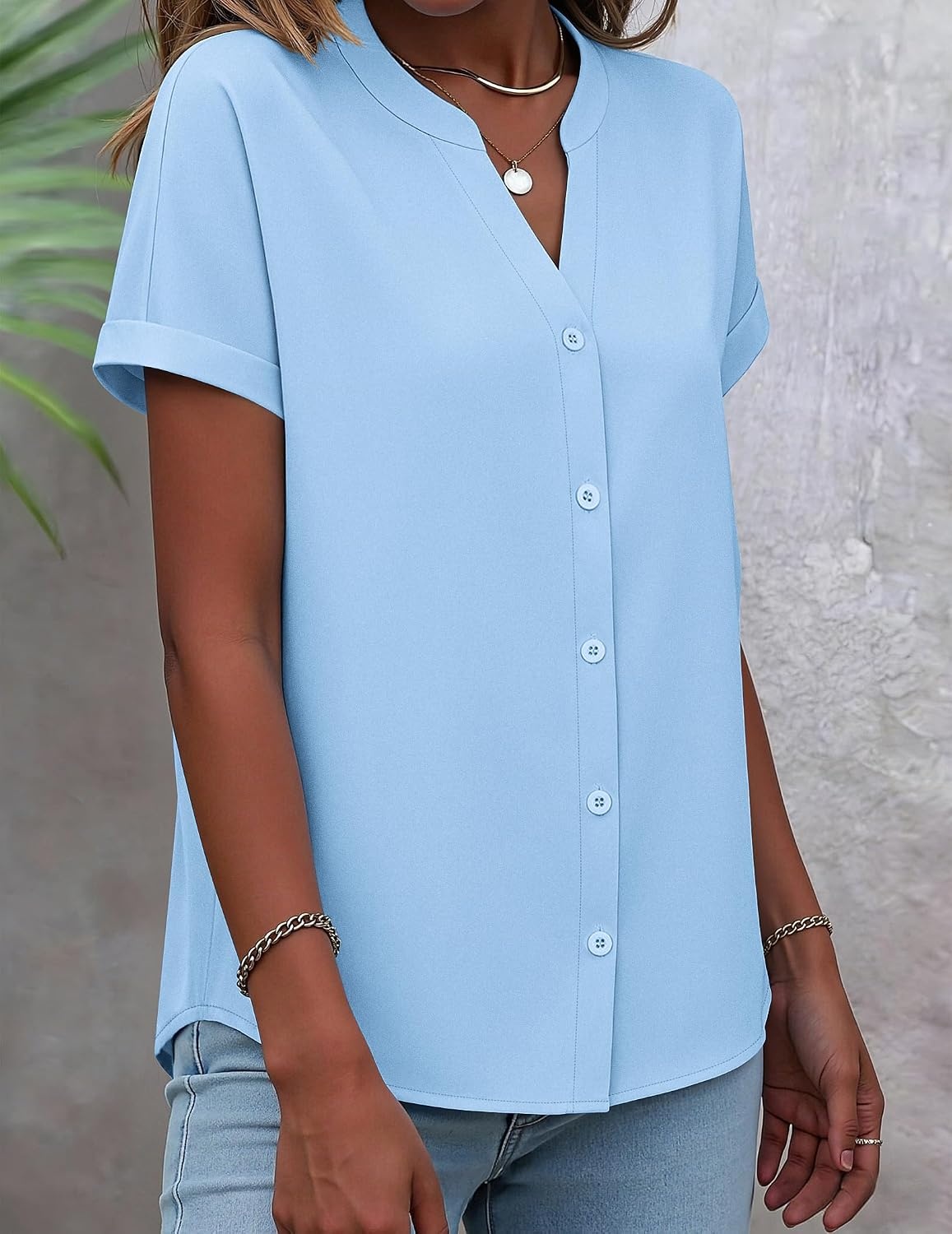 image:imageZeagoo Button Down Shirts for Women Short Sleeve Tops V Neck Collar Blouses Business Casual OutfitsLight Blue