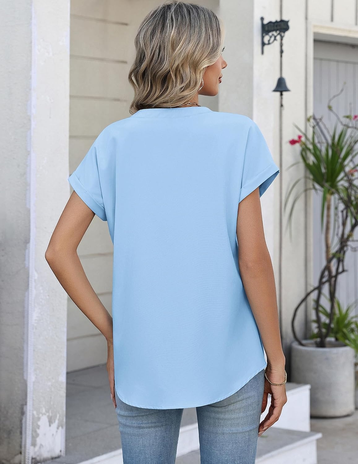 image:imageZeagoo Button Down Shirts for Women Short Sleeve Tops V Neck Collar Blouses Business Casual OutfitsLight Blue