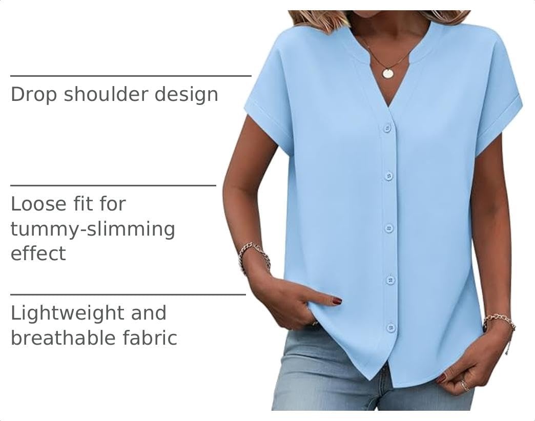 image:imageZeagoo Button Down Shirts for Women Short Sleeve Tops V Neck Collar Blouses Business Casual OutfitsLight Blue