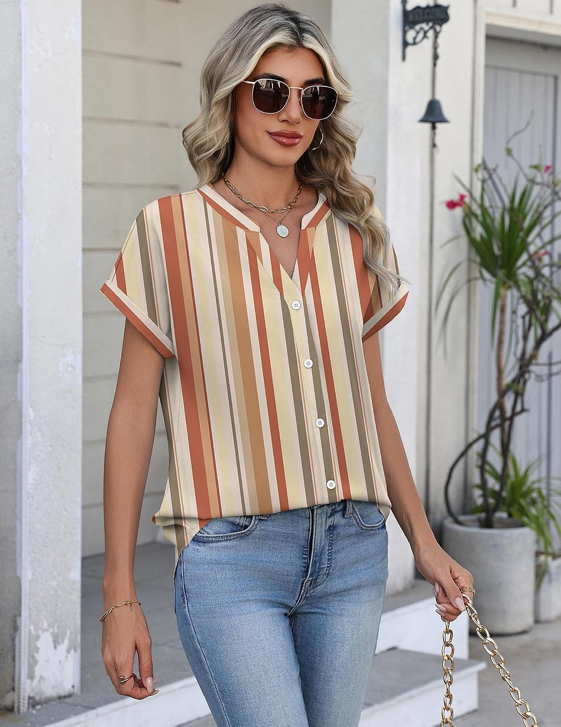 image:imageZeagoo Button Down Shirts for Women Short Sleeve Tops V Neck Collar Blouses Business Casual OutfitsTw720