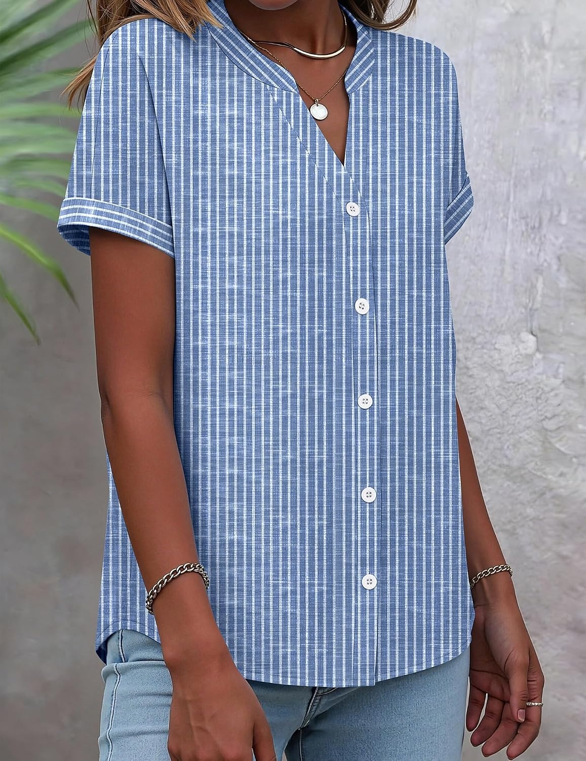 image:imageZeagoo Button Down Shirts for Women Short Sleeve Tops V Neck Collar Blouses Business Casual OutfitsTz273