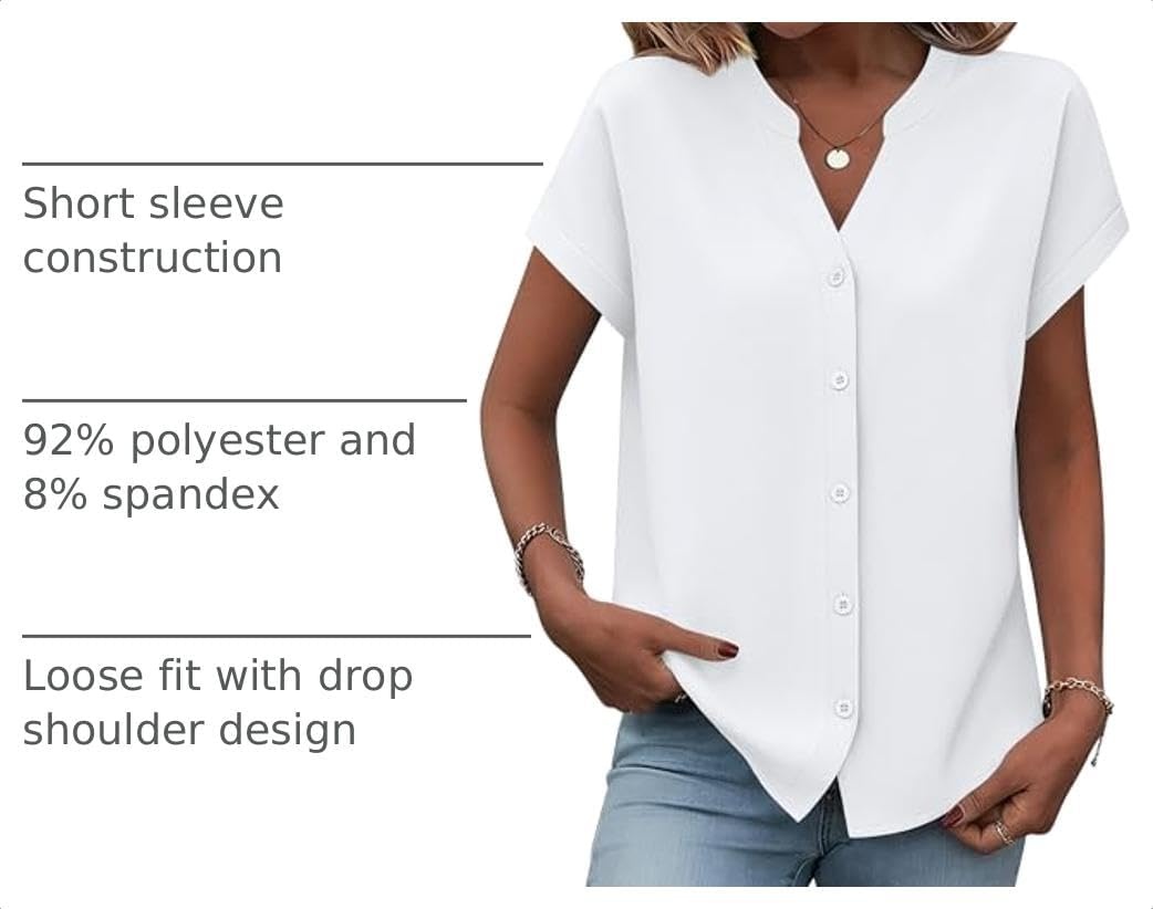 image:imageZeagoo Button Down Shirts for Women Short Sleeve Tops V Neck Collar Blouses Business Casual OutfitsWhite