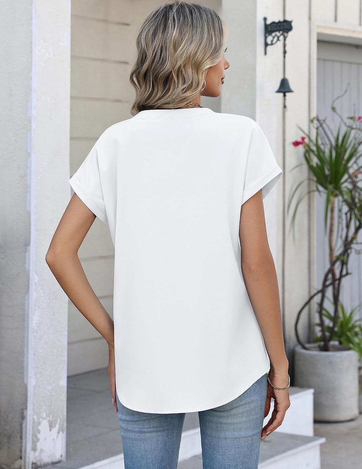 image:imageZeagoo Button Down Shirts for Women Short Sleeve Tops V Neck Collar Blouses Business Casual OutfitsWhite