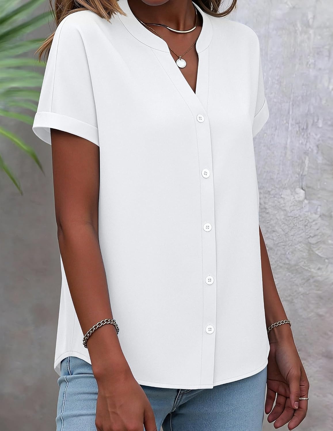 image:imageZeagoo Button Down Shirts for Women Short Sleeve Tops V Neck Collar Blouses Business Casual OutfitsWhite