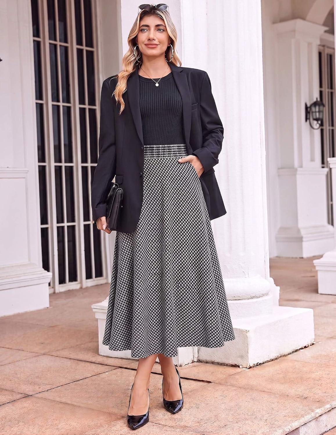 image:imageZeagoo Plaid Skirts for Women Elastic Waist Aline Tartan Skirt with PocketsBlack White