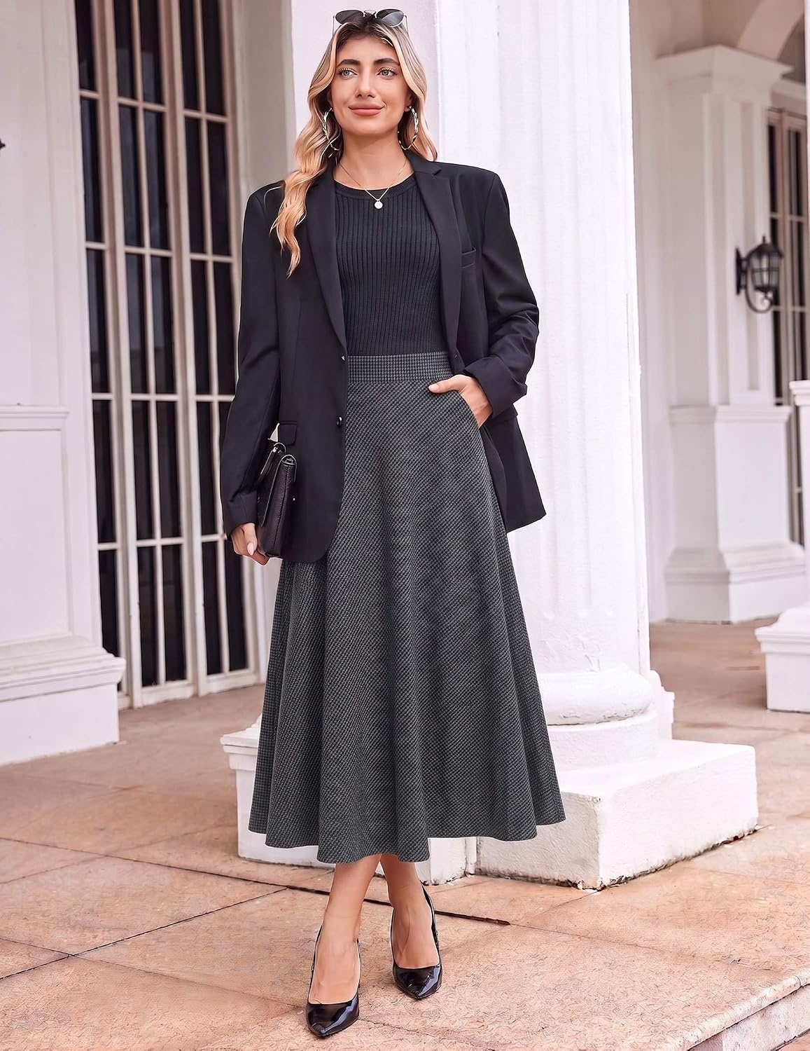 image:imageZeagoo Plaid Skirts for Women Elastic Waist Aline Tartan Skirt with PocketsDark Grey