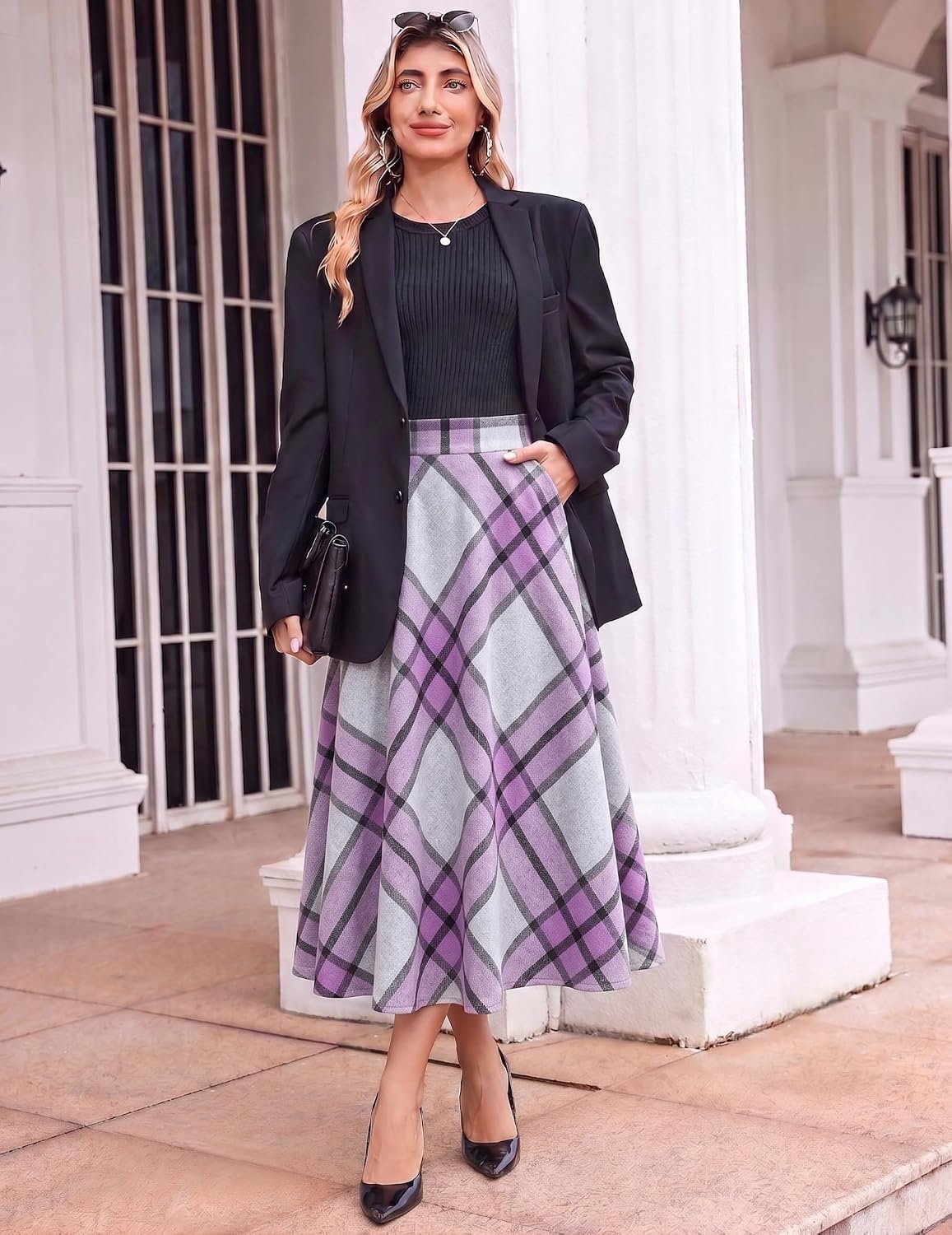 image:imageZeagoo Plaid Skirts for Women Elastic Waist Aline Tartan Skirt with PocketsGw130