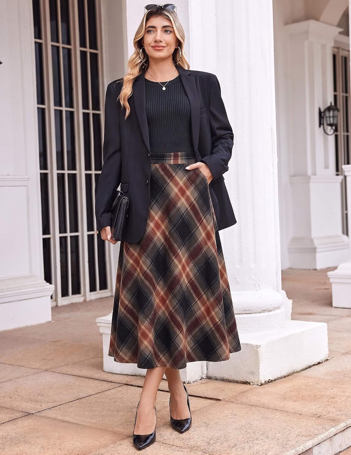 image:imageZeagoo Plaid Skirts for Women Elastic Waist Aline Tartan Skirt with PocketsGw53
