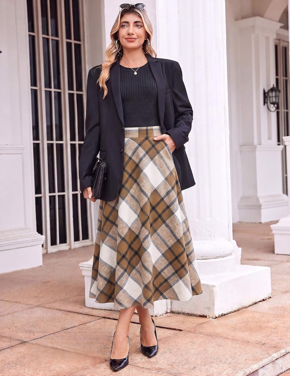 image:imageZeagoo Plaid Skirts for Women Elastic Waist Aline Tartan Skirt with PocketsPlaid Brown