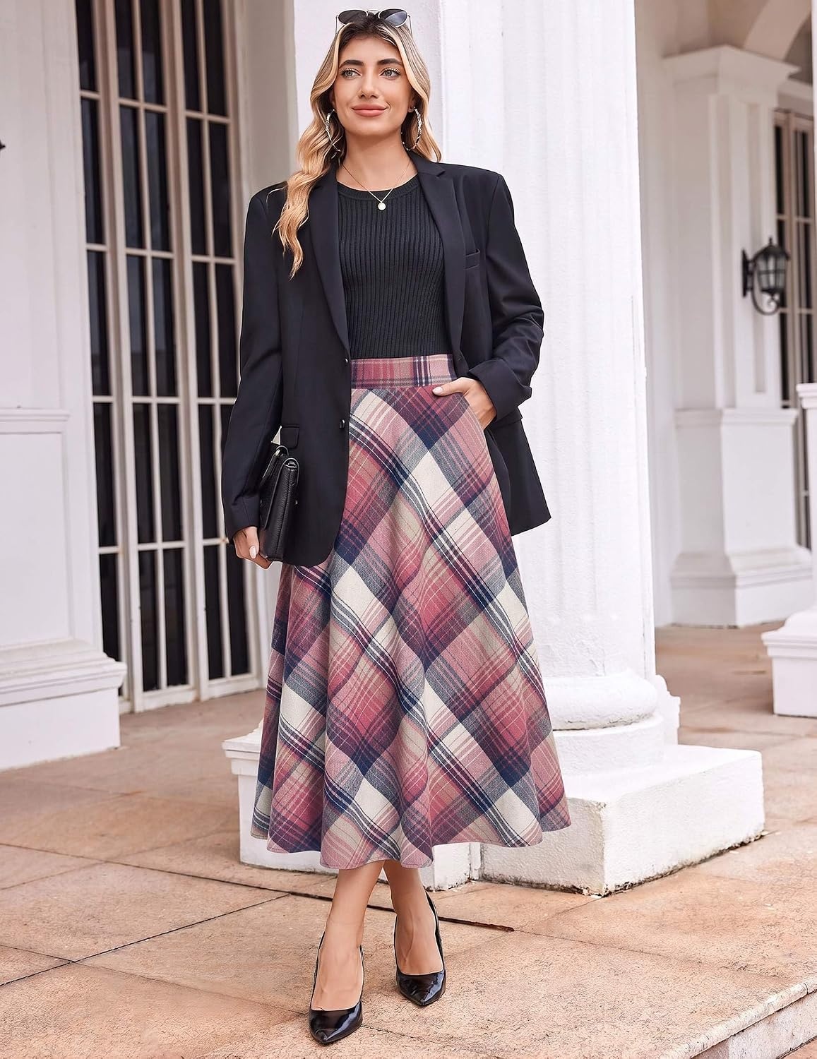 image:imageZeagoo Plaid Skirts for Women Elastic Waist Aline Tartan Skirt with PocketsPlaid Pink