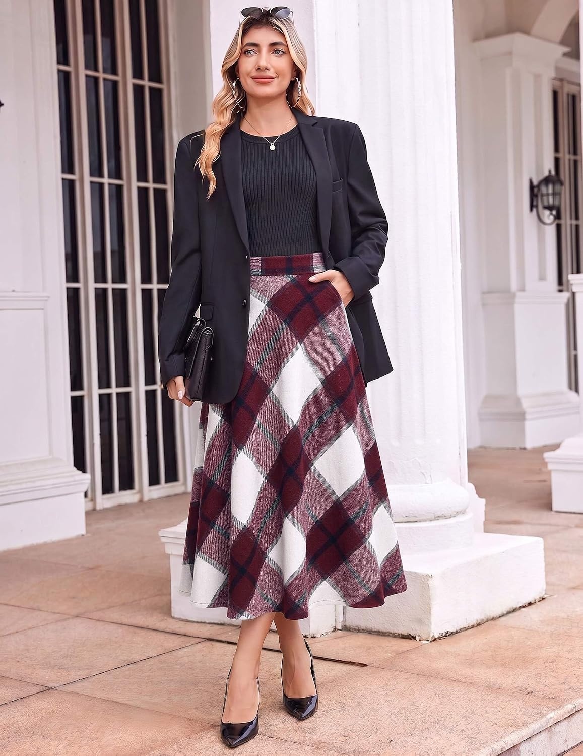 image:imageZeagoo Plaid Skirts for Women Elastic Waist Aline Tartan Skirt with PocketsPlaid Red