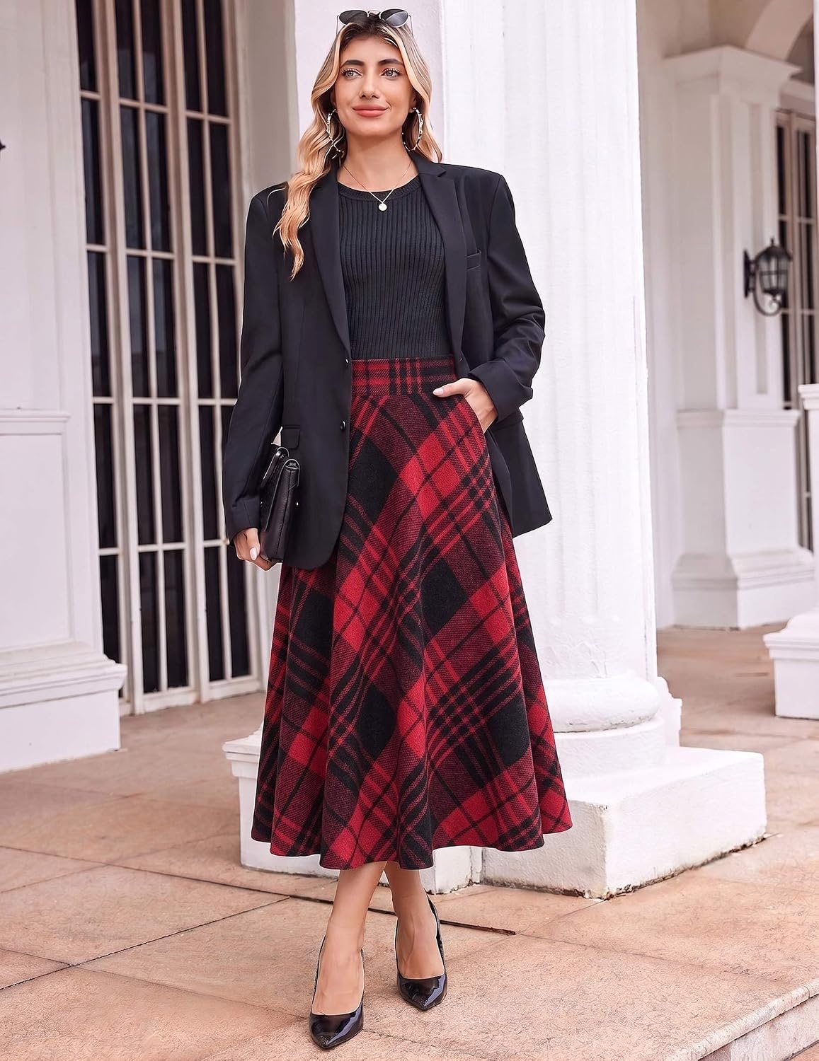 image:imageZeagoo Plaid Skirts for Women Elastic Waist Aline Tartan Skirt with PocketsPlaid Wine Red