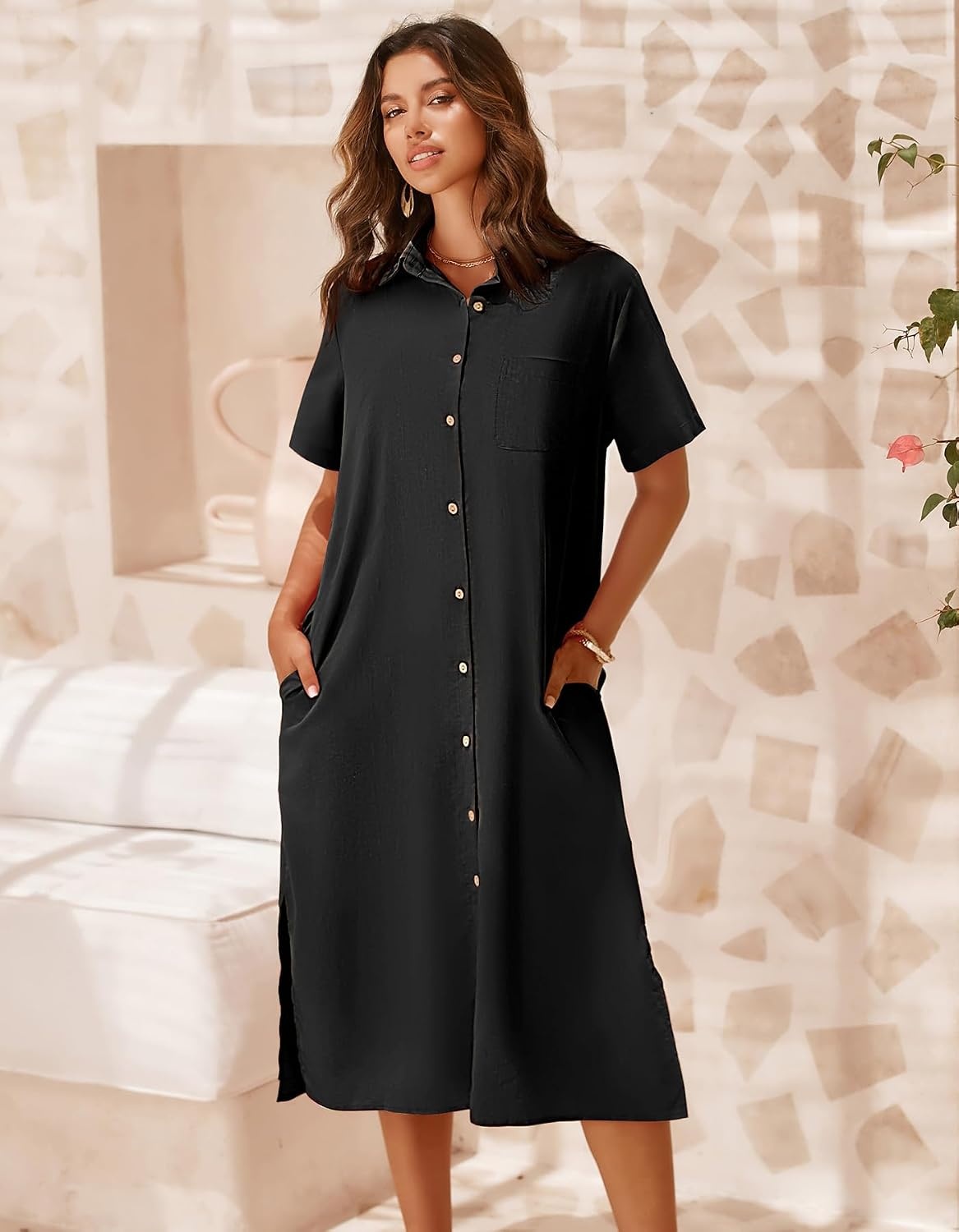 image:imageZeagoo Women Dresses Summer Casual Short Sleeve Button Down Shirt Dresses 2026 Beach Cover Up with PocketsA01black